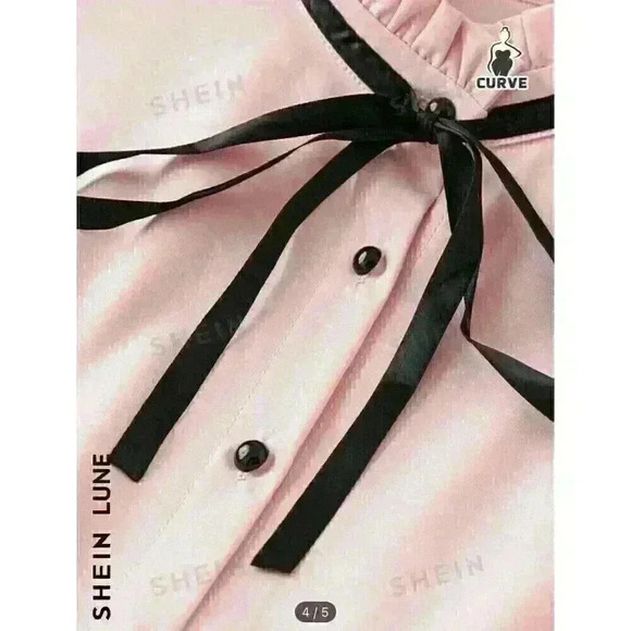 Shein LUNE Plus Tie Neck Pleated Detail Frill Trim Neck Puff Sleeve Shirt - Picture 2 of 4